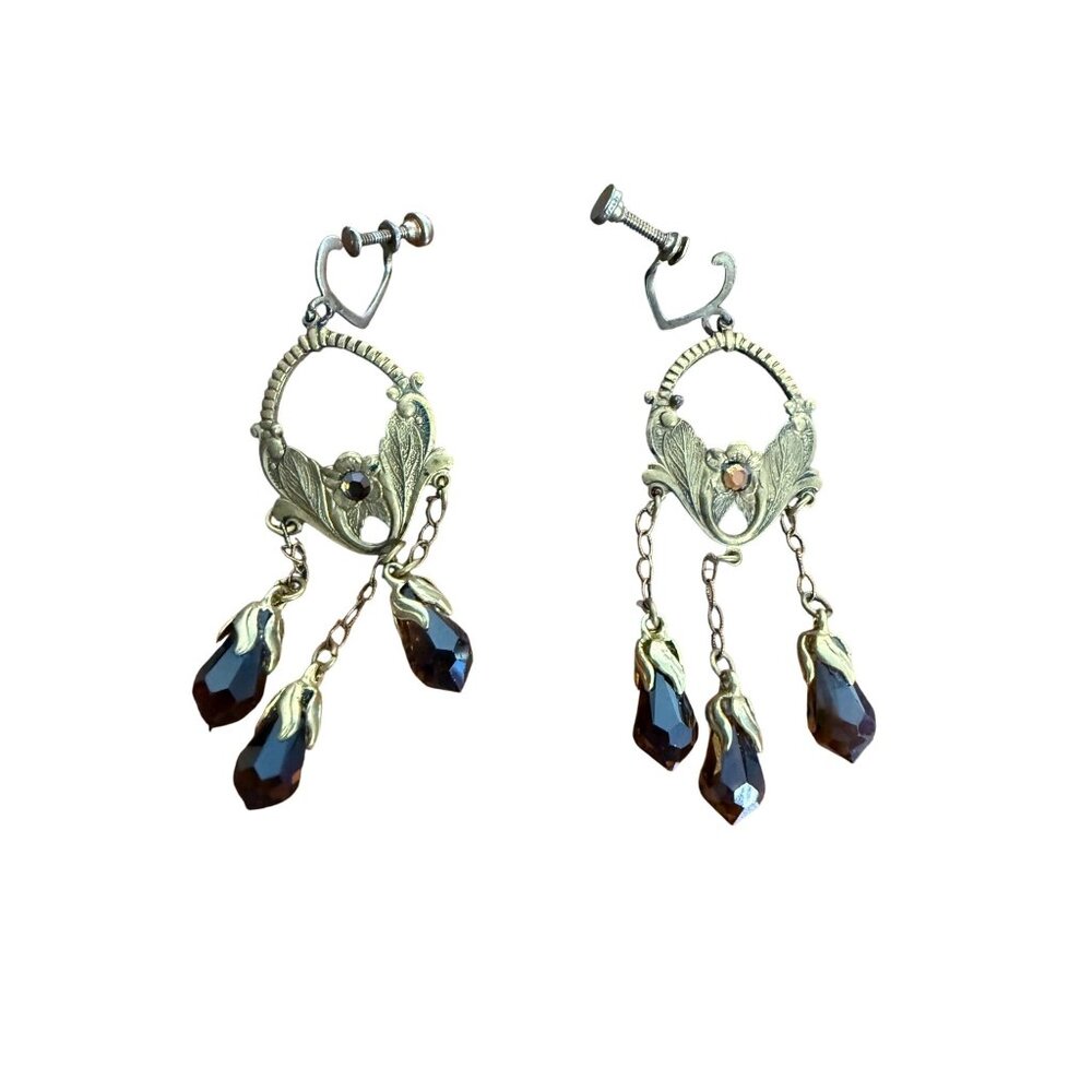 Vintage Earrings Screw Back Gold with Amber Stone Dangle